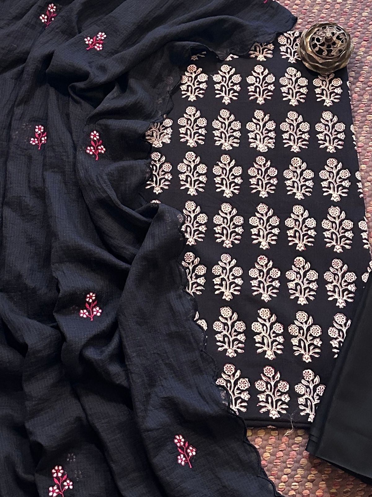 Pure Cotton Hand-block Fabric with Embroidered Bottom & Kota Doria Dupatta